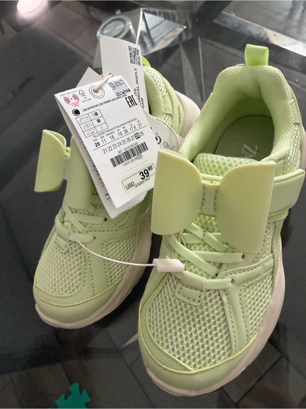 Zara Light Green Kids Bow-Detail Sneakers